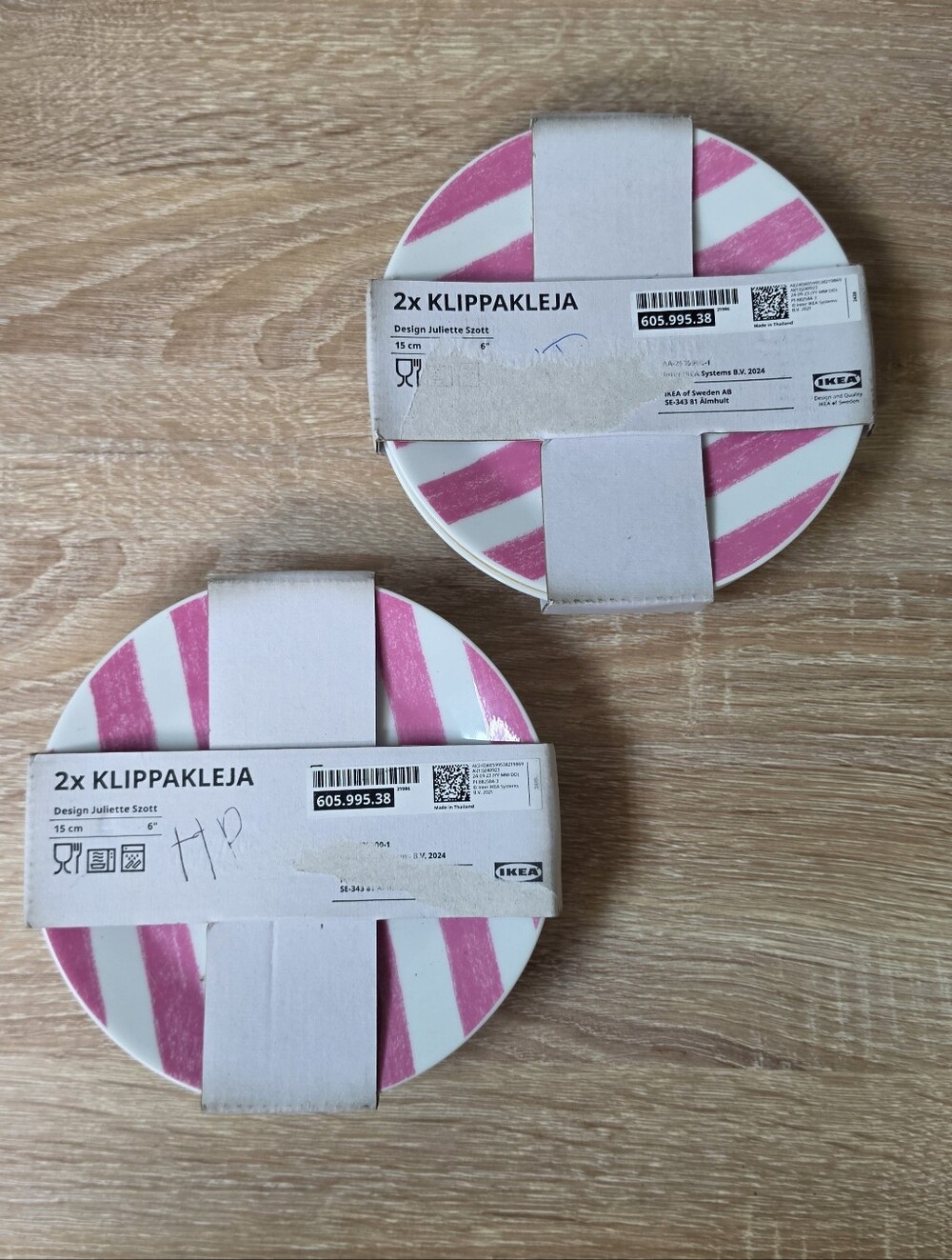 IKEA Klippakleja 6 Inch Porcelain Side Plates Pink/Yellow Striped 4 Piece NEW